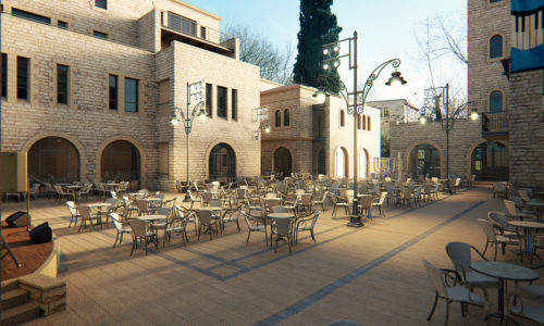 בלו הול- סידור שולחנות במתחם חוץ תחת שמשיות נוי