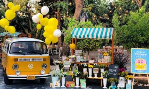 מכוניות וסירה להשכרה- מכונית צהובה ופרחים ועגלה מעץ