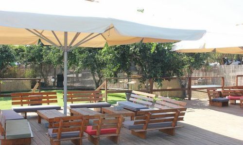 לב הפרדס- פינת ישיבה ושמשיות ובריכה